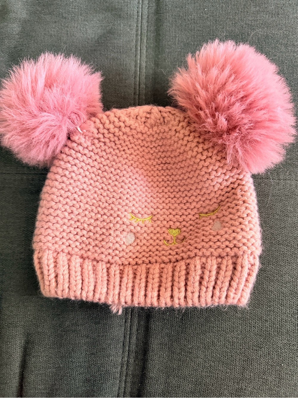 Girls Pink Double Pom Pom Knit Beanie with Embroidered Face - Picture 1 of 4